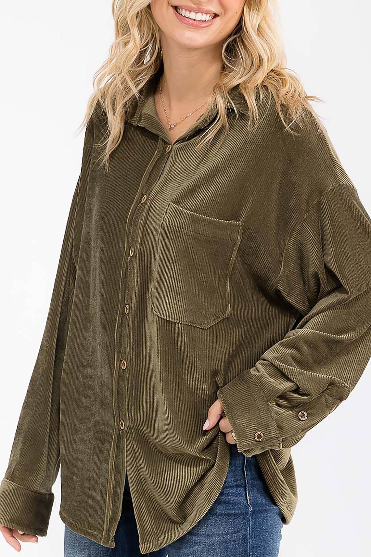 ROUSSEAU - Wholesale Button Down Shirt - Women's - OVERSIZED CORDUROY BUTTON DOWN POCKET FRONT TOP15