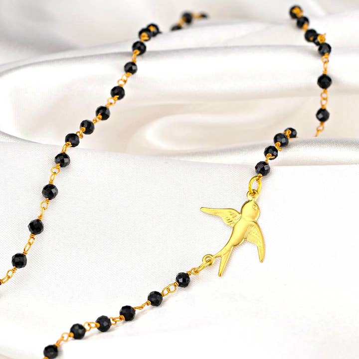 MadamLili - Vendita all'ingrosso Collana con ciondolo/pendaglio - Collana con ciondolo in oro con rondine in onice - rondine dorata