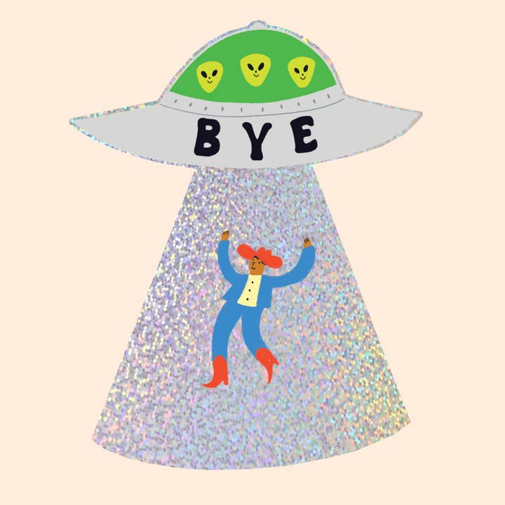 'Bye' Cowboy UFO Glitter Sticker | Die Cut Alien Sticker for wholesale by Little Black Cat Illustrated Goods