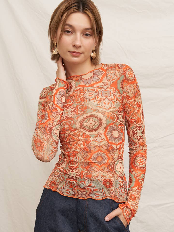 Long Sleeve Mesh Printed Top for wholesale by En Crème
