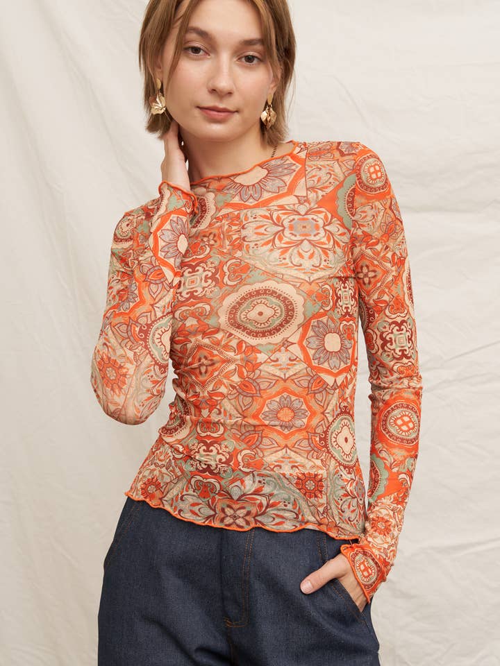 Long Sleeve Mesh Printed Top for wholesale by En Crème