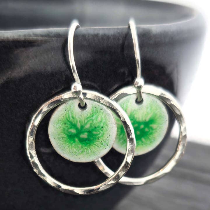 Silver & green enamel Nebula Circle drop earrings for wholesale by Mijoux Creations