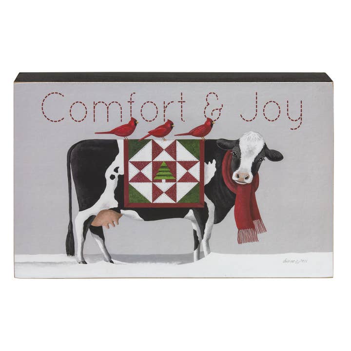 The Hearthside Collection - Wholesale Sign - Comfort & Joy Patchwork Cow & Cardinals Box Sign