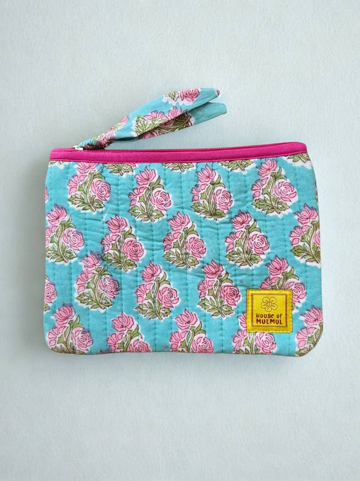 Block print Flat zip pouch - Quilted travel pouch - Passport pouch - Turquoise Rose for wholesale by House of Mulmul LLC