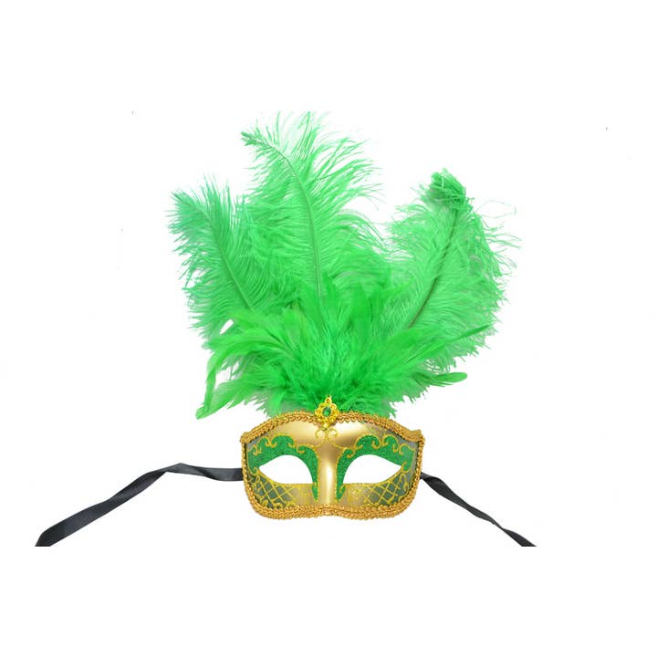 KBW Global Corp. - Wholesale Costume - Unisex - Green Gold Venetian Mask With Feathers