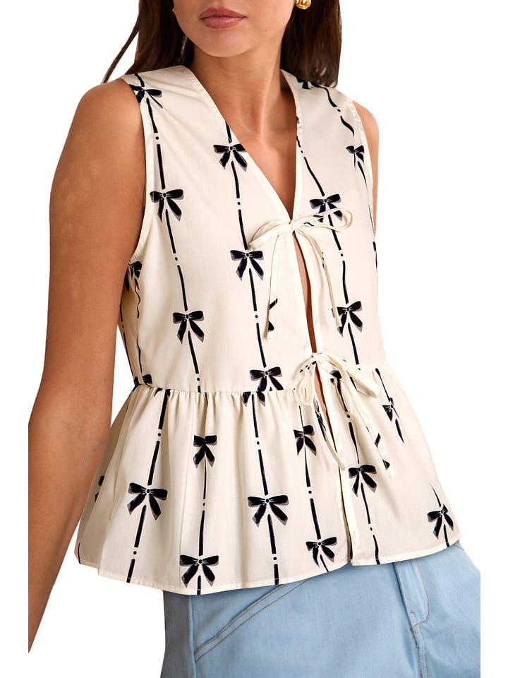 White Bow Tie Front Peplum Top for wholesale on Faire