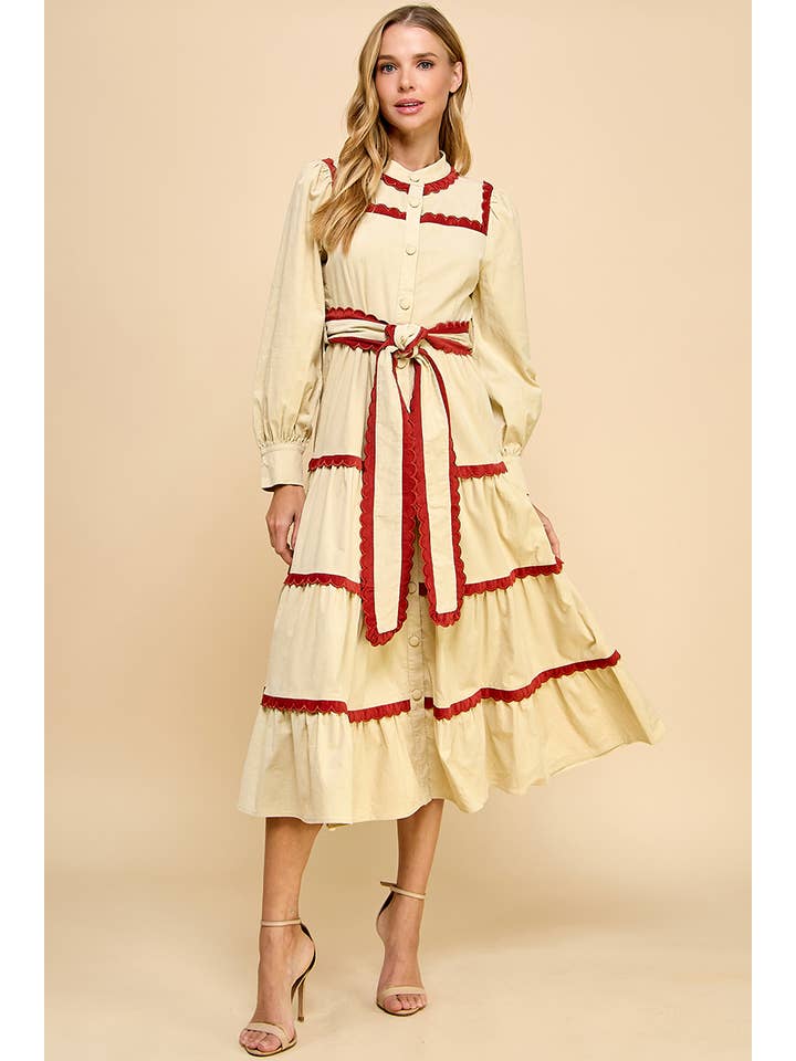 Beige CD04322-Tiered Scalloped Detail Long Sleeve Midi Dress for wholesale on Faire