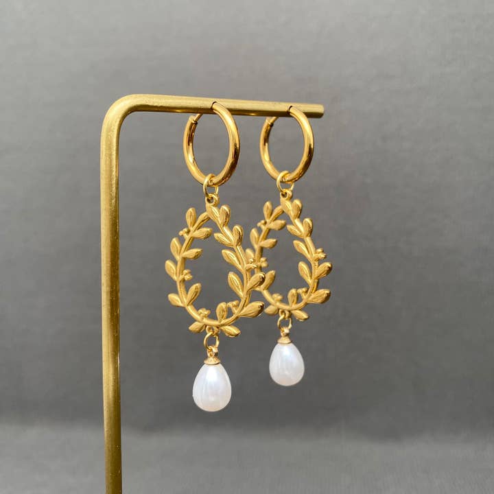 Pearl Leaf 18K Gold Plated S.Steel Huggie Earrings - FGS for wholesale by Mio Queena