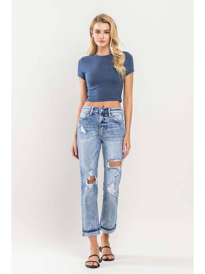 GLAMOROUS HIGH RISE PAINT SPLATTER CUFFED BOYFRIEND JEANS V2787 for wholesale on Faire