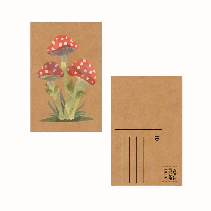 Red Mushroom Brown Kraft Paper Postcard for wholesale by Cryptic Paper Co.