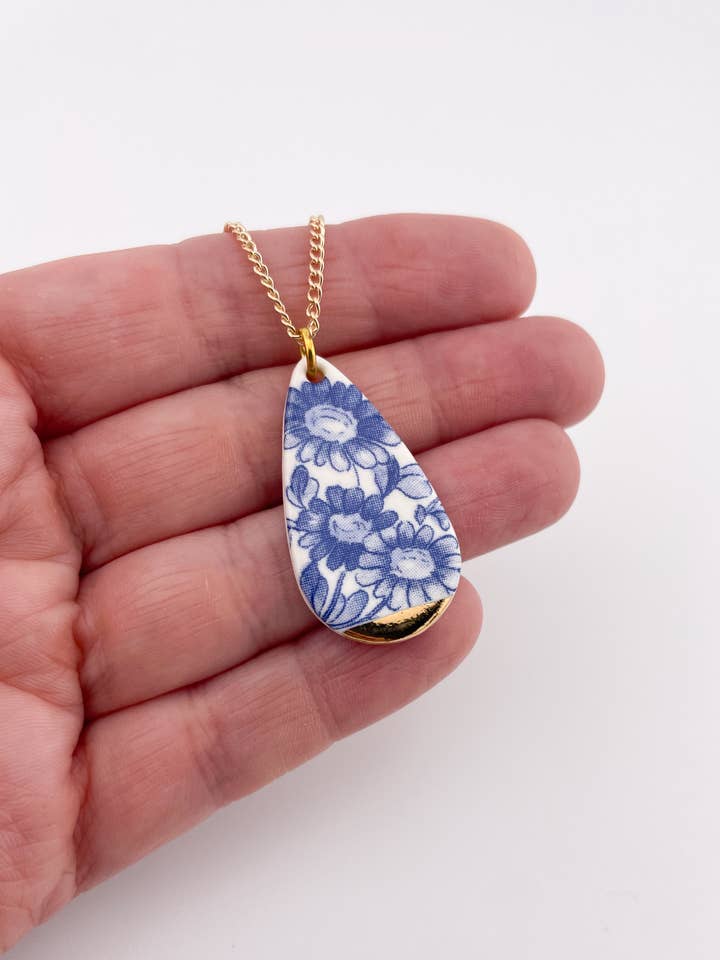 Blue China Teardrop Pendant necklace with gold tip for wholesale by Clay Blanca