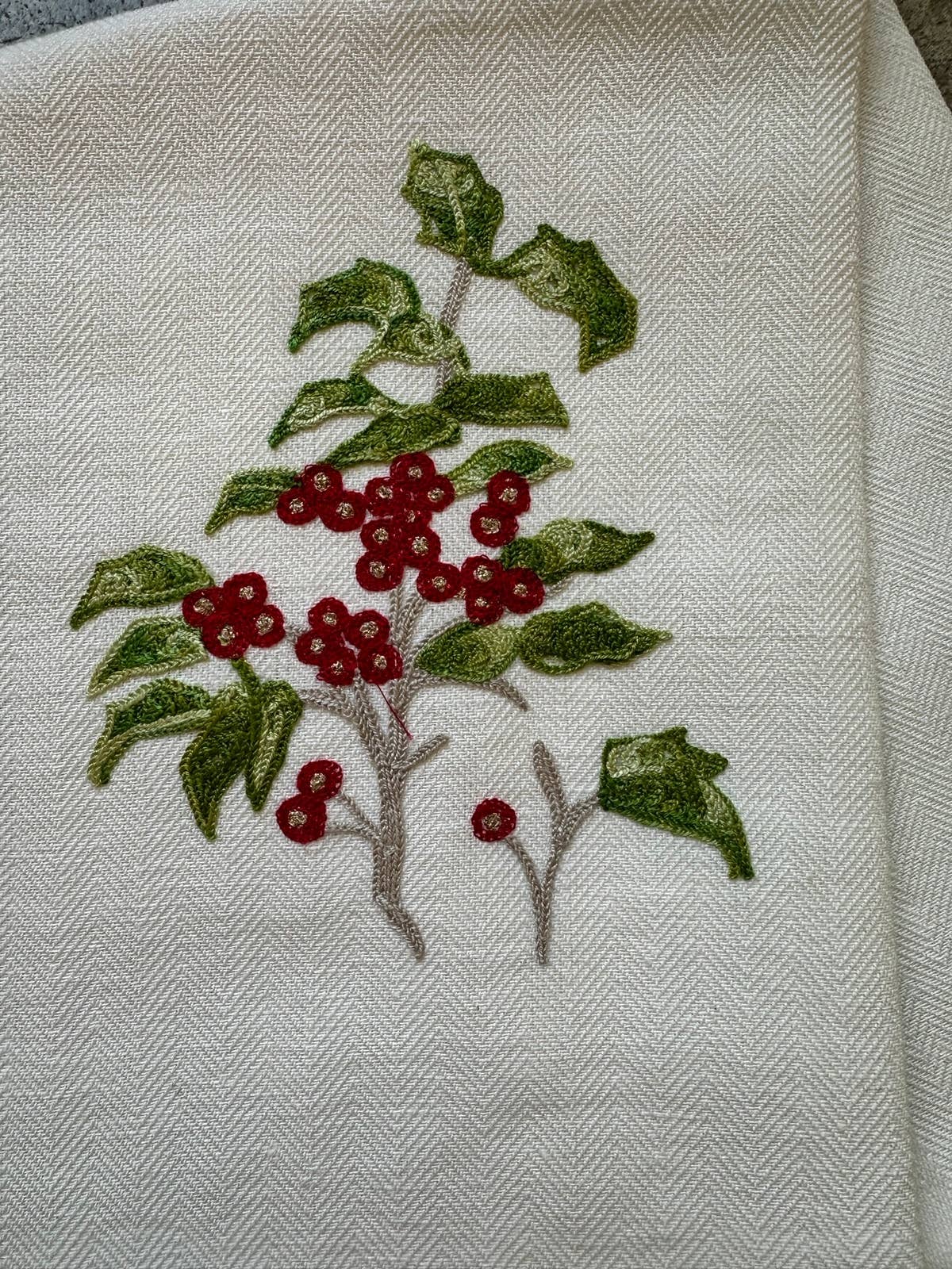 White HOLLY - EMBROIDERED TEA TOWEL WITH TWO STRAWBERRIES for wholesale on Faire2