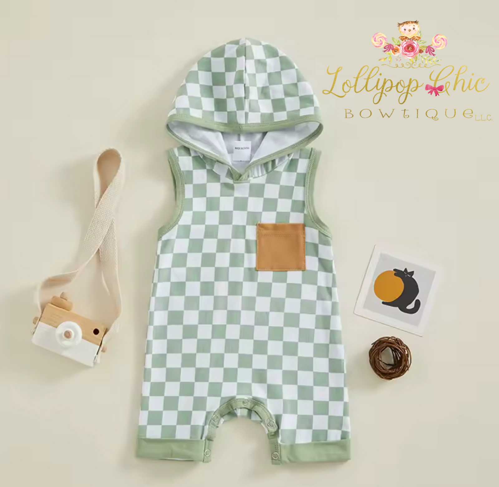 Lollipop Chic Bowtique LLC - Wholesale Clothing Set - Baby - Hooded Skater Baby Boy Checkered Short Romper1