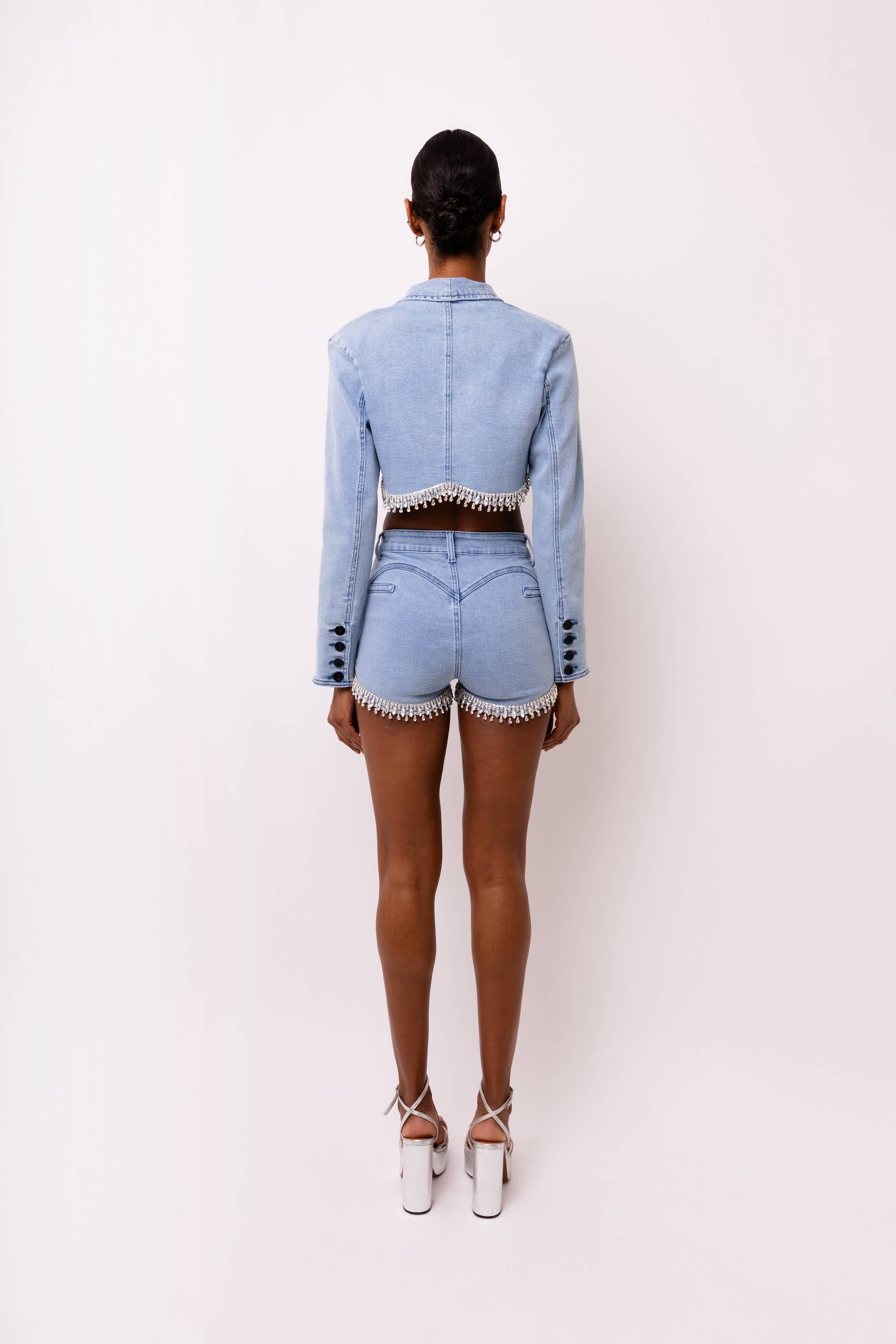Blue Bae Stretch Diamante Detail Denim Cropped Jacket for wholesale on Faire5