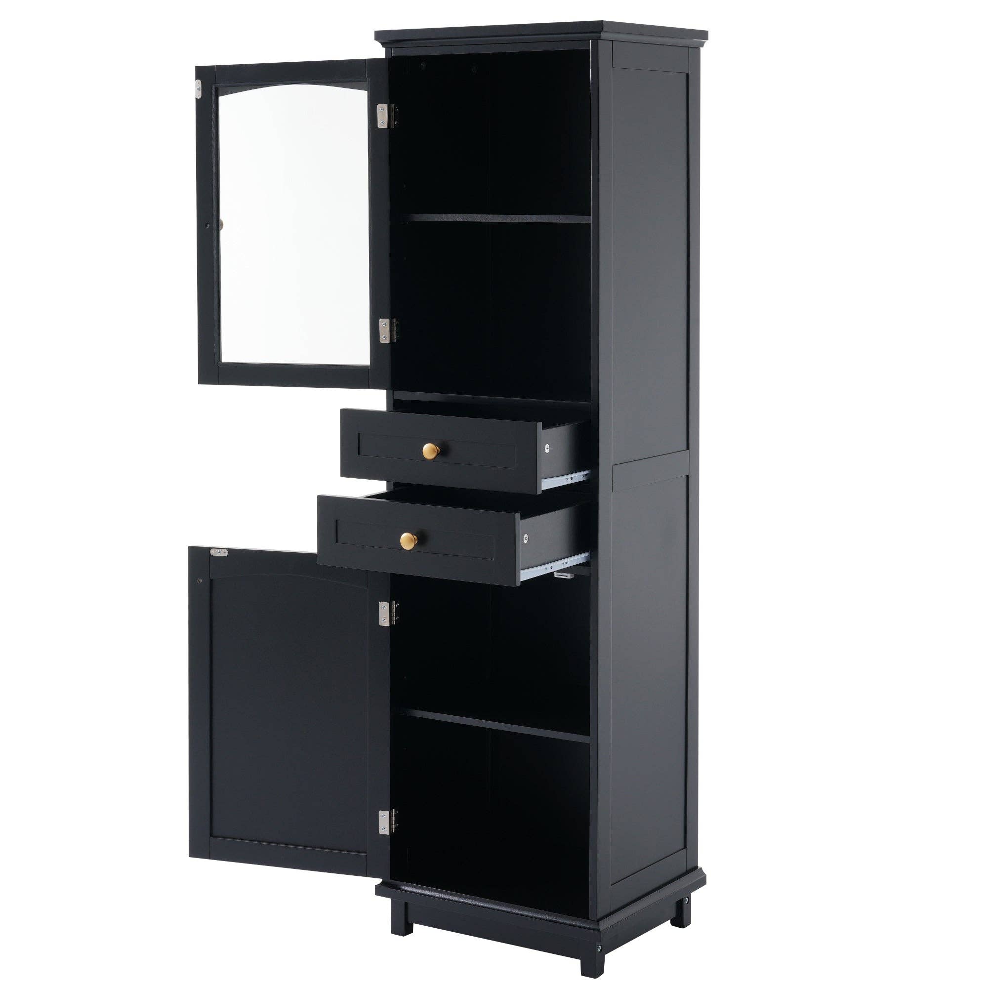 Orange County Decor - Wholesale Cabinet - 63" Tall Bathroom Storage Cabinet With Glass Doors, Free Standing, Two Drawers, And Adjustable Shelves, Mdf Board, Painted Black Perfect For Displaying Your Favorite Items 2 Black 2 4 Adjustable13