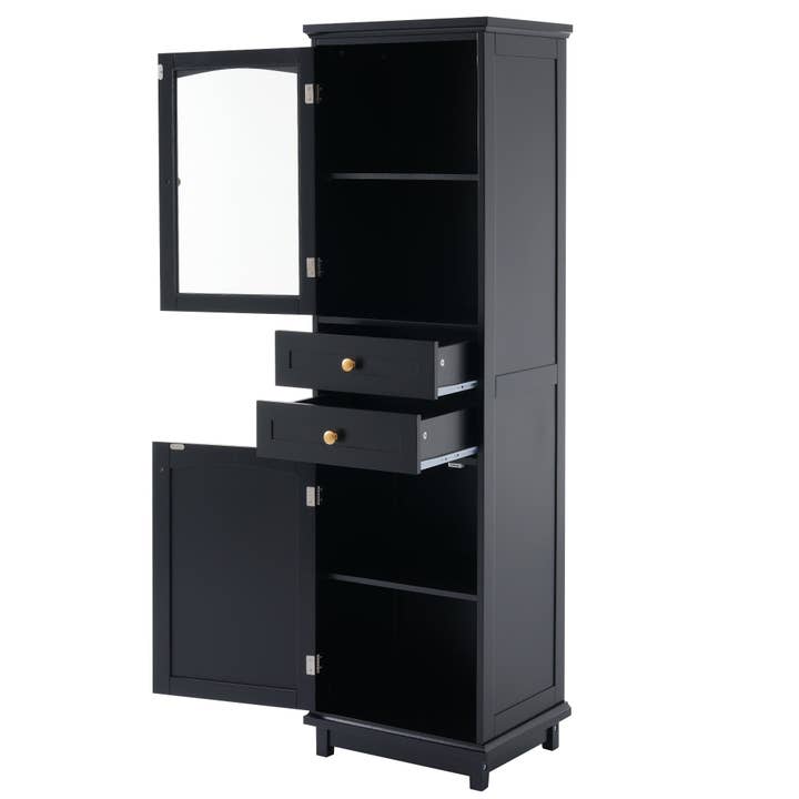 Orange County Decor - Wholesale Cabinet - 63" Tall Bathroom Storage Cabinet With Glass Doors, Free Standing, Two Drawers, And Adjustable Shelves, Mdf Board, Painted Black Perfect For Displaying Your Favorite Items 2 Black 2 4 Adjustable13