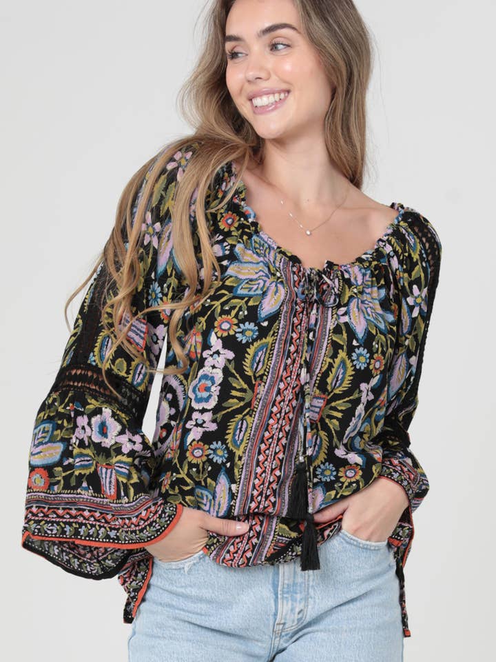 E2W65-A928 LACE TRIM BELL SLEEVE PRINTED BLOUSE for wholesale by Nostalgia