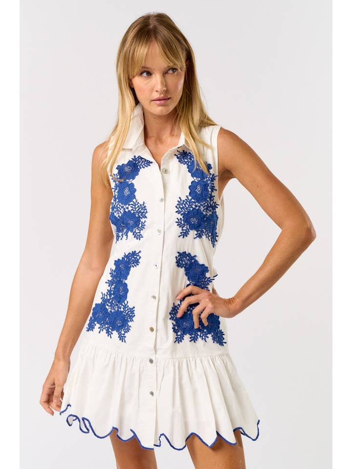 OFF WHITE BLUE ILD5195 EMBROIDERED COLLAR BUTTON DOWN MINI DRESS for wholesale on Faire