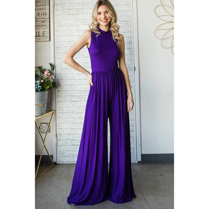 Solid Rayon Mock Neck Sleeveless Wide Leg Jumpsuit for wholesale by Clothing of America
