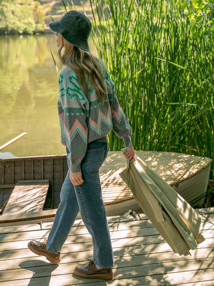 Burgundy Multi GEOMETRIC KNIT MOCK NECK HALF ZIP PULLOVER SWEATER MSW10885 for wholesale on Faire23