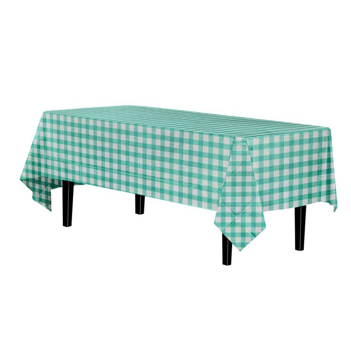 Teal Gingham 54 in. x 108 in. Rectangle Plastic Table Cover for wholesale by Crown Display