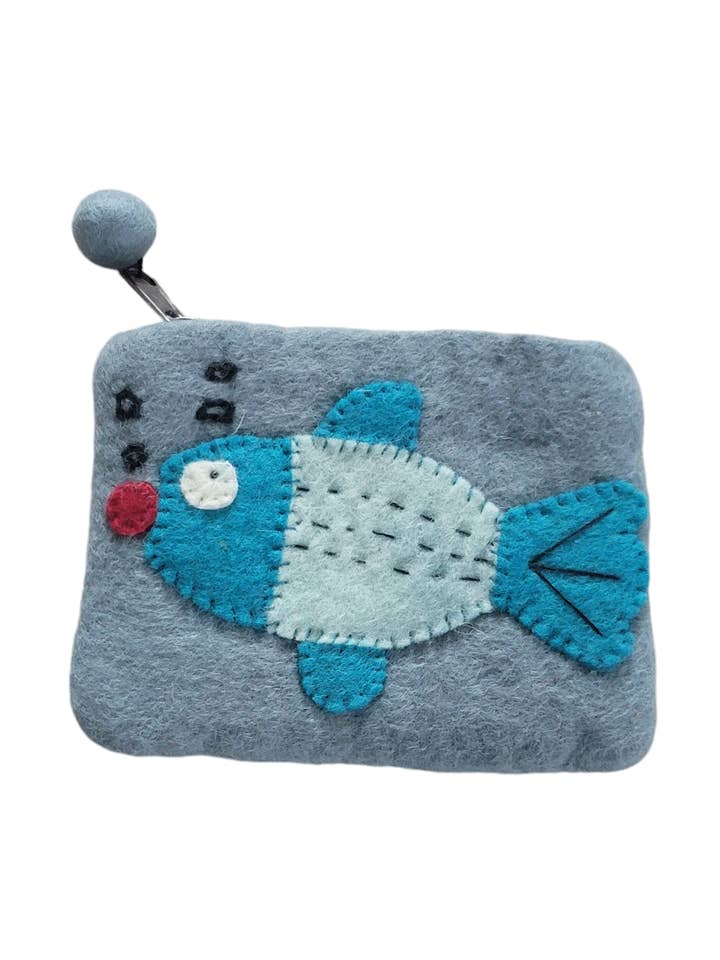 BA677 Wool Felt Coin Purse, Blue Fish  for wholesale by Evergreen Guardian Imports