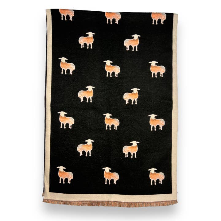 London Scarves - Wholesale Scarf - Women's - Sheep print on cashmere blend scarf finished with fringes