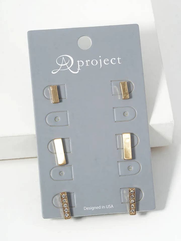 Set Of 3 Bar Earrings On Card Brush Brass And Pave for wholesale by Wild Honey