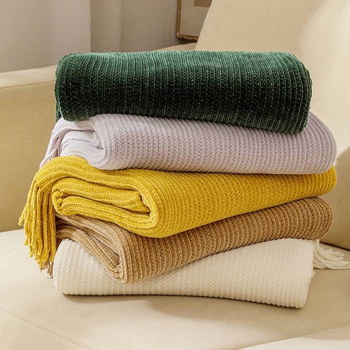 ACCITY - Wholesale Throw Blanket - KNITTED BLANKET SOLID COLOR FRINGED BED END BLANKET_CWMM0217
