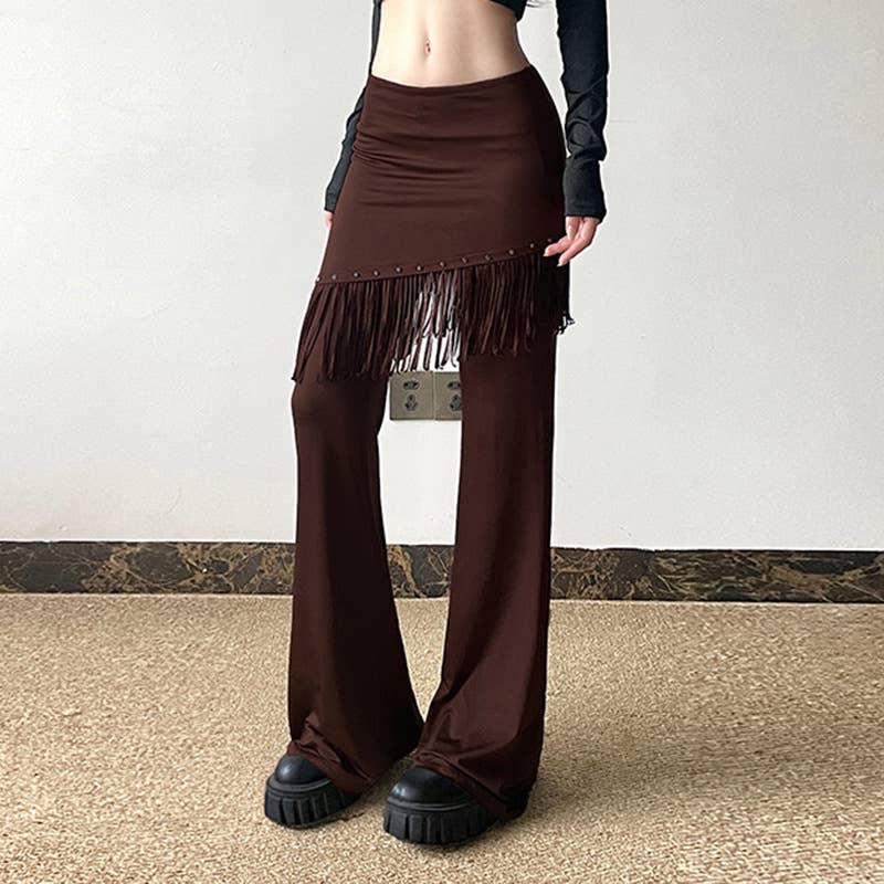 BROWN SOLID COLOR CASUAL BELL BOTTOMS WITH FRINGE DROP for wholesale on Faire2