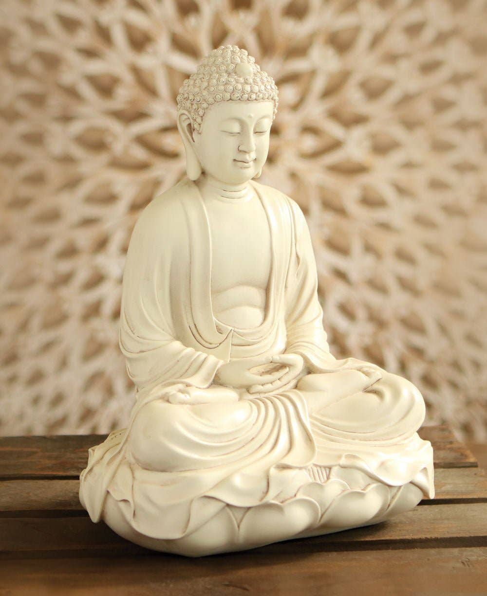 Buddha Groove - Wholesale Decorative figurine - Meditating Buddha Statue on Lotus, Stone Finish, 11 Inches