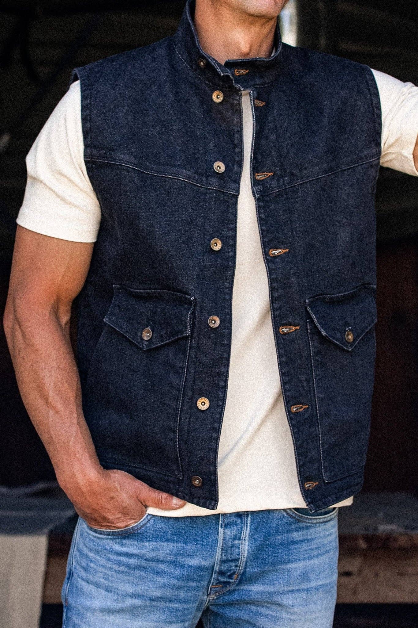 James Vest | Black 14oz Broken Twill Denim for wholesale on Faire7