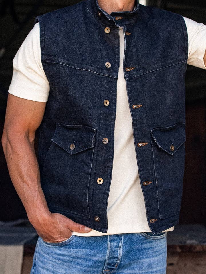 James Vest | Black 14oz Broken Twill Denim for wholesale on Faire7