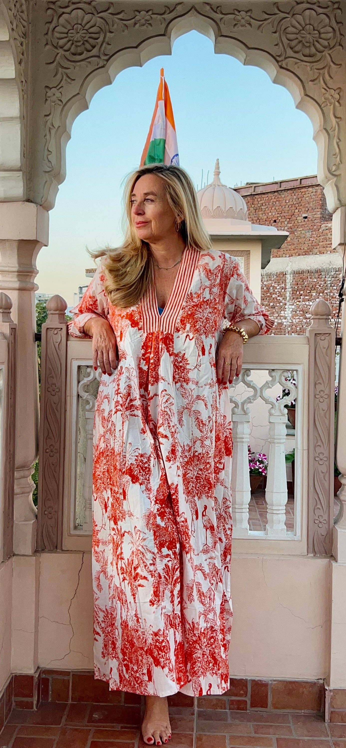 Aurobelle Ibiza - Vente Caftan – femme - Kaftan long orange Jungle Life bohème élégant4