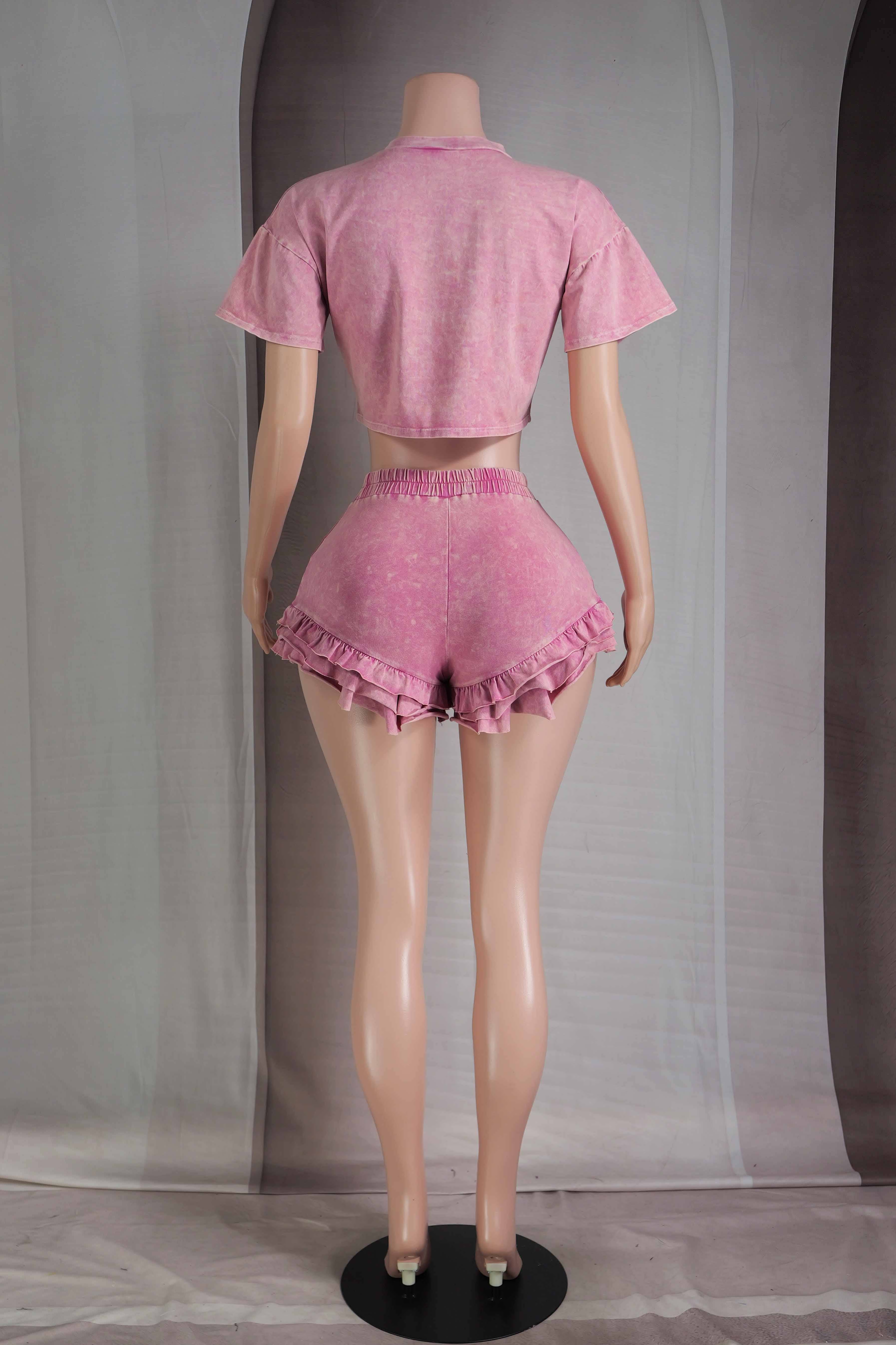Ultra Pink MINERAL WASH DENIM PATCH TOP & RUFFLED SHORT SET for wholesale on Faire3