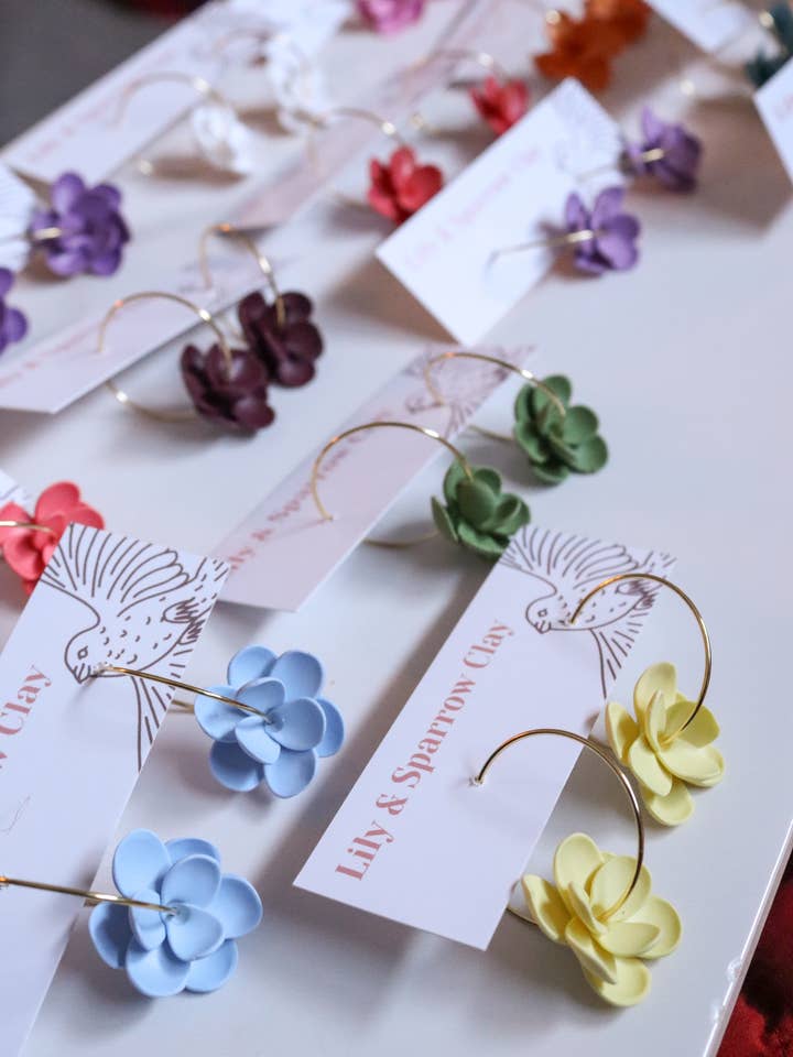3D Polymer Clay Flower Hoop Earrings for wholesale by Lily and Sparrow Clay