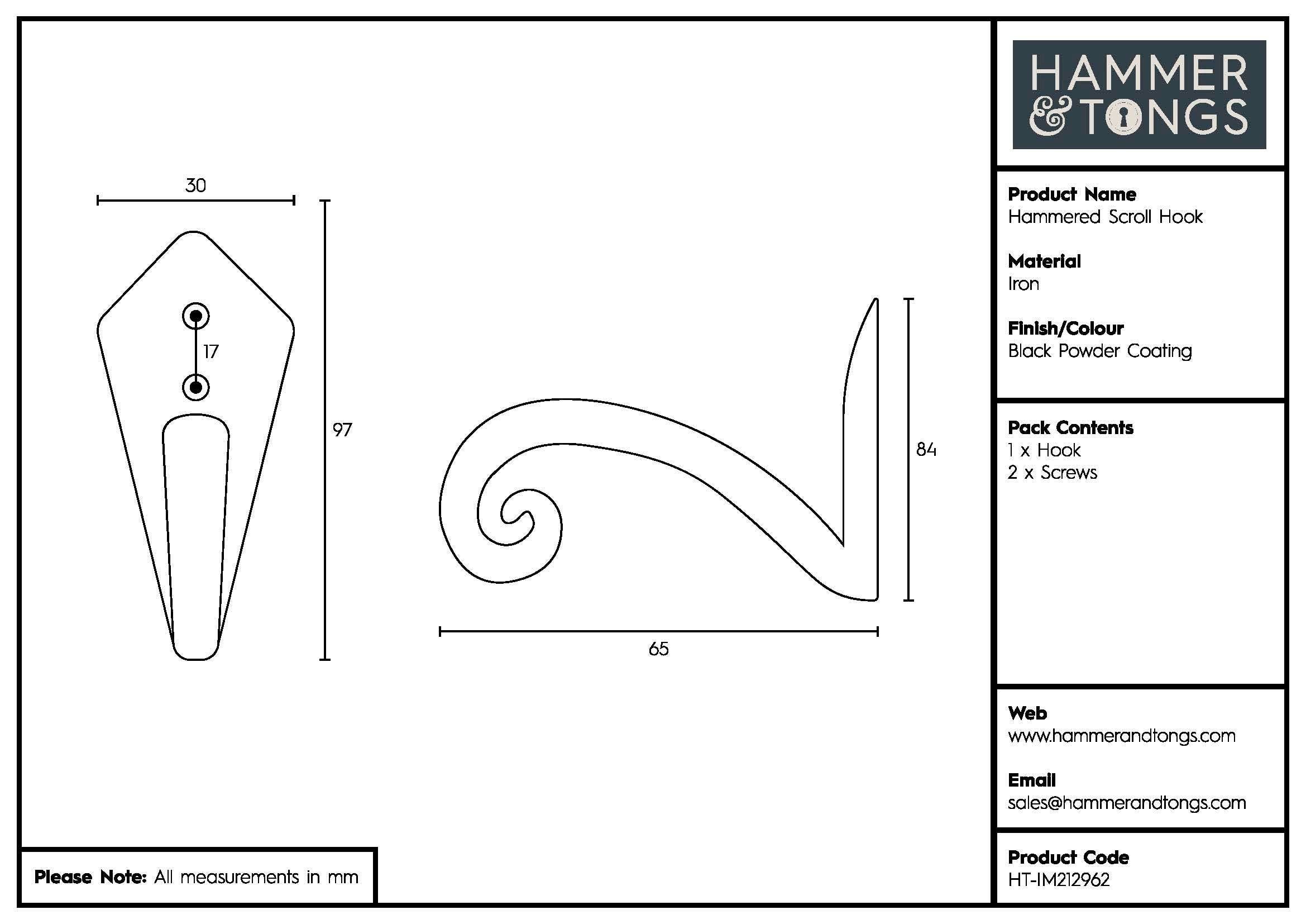 Rinkit Ltd – wholesale Wall hook – Hammered Scroll Hook - W30mm x H95mm - Black7