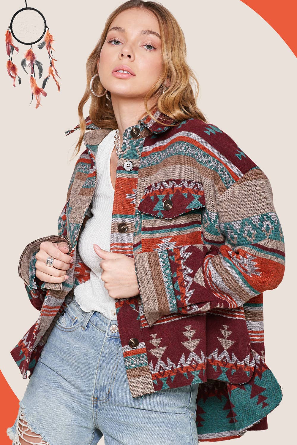 Rust Wine JKT1717-Aztec Pattern Long Sleeve Button Down Jacket for wholesale on Faire6
