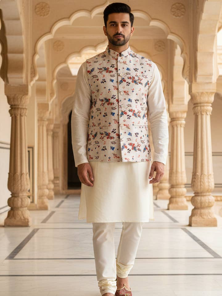 Men’s Ivory Floral Nehru Jacket with Classic Kurta Pajama for wholesale by Masculine Moda