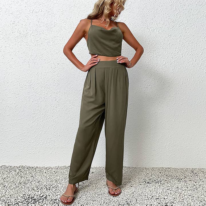 Conjunto de top tipo cami liso y pantalón de pierna ancha para venta al por mayor de onatorobi