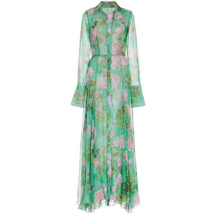 Robe maxi à boutons devant, col polo, slim, à fleurs vertes SY547 pour la vente par Sanyao Fashion