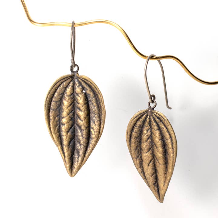 leaf peperomia dangle earrings for wholesale by tree trunk arts