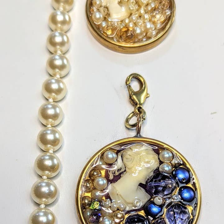 Gay Isber Designs - Wholesale Pendant/Charm Necklace - 2 Removable Cameo Pendants + Hand Knotted Round Vintage Japan Pearls Necklace Gay Isber Sister Collection