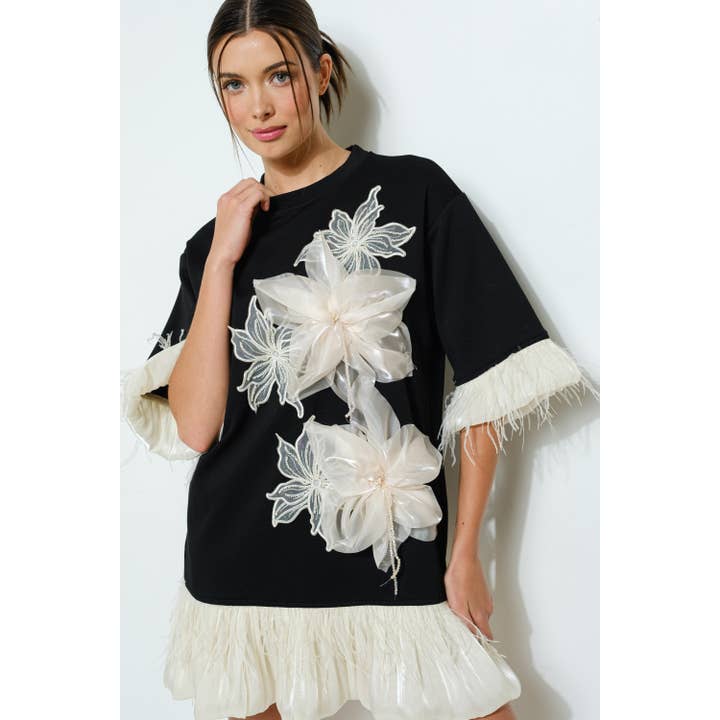 BLACK Bead Embellished Floral Applique Mini Dress for wholesale on Faire