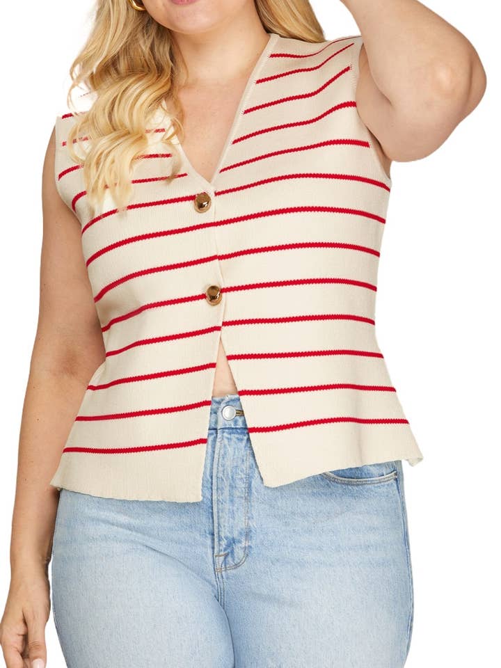 Plus - Sleeveless Gold Button Striped Knit Sweater Vest for wholesale by Vanilla Monkey