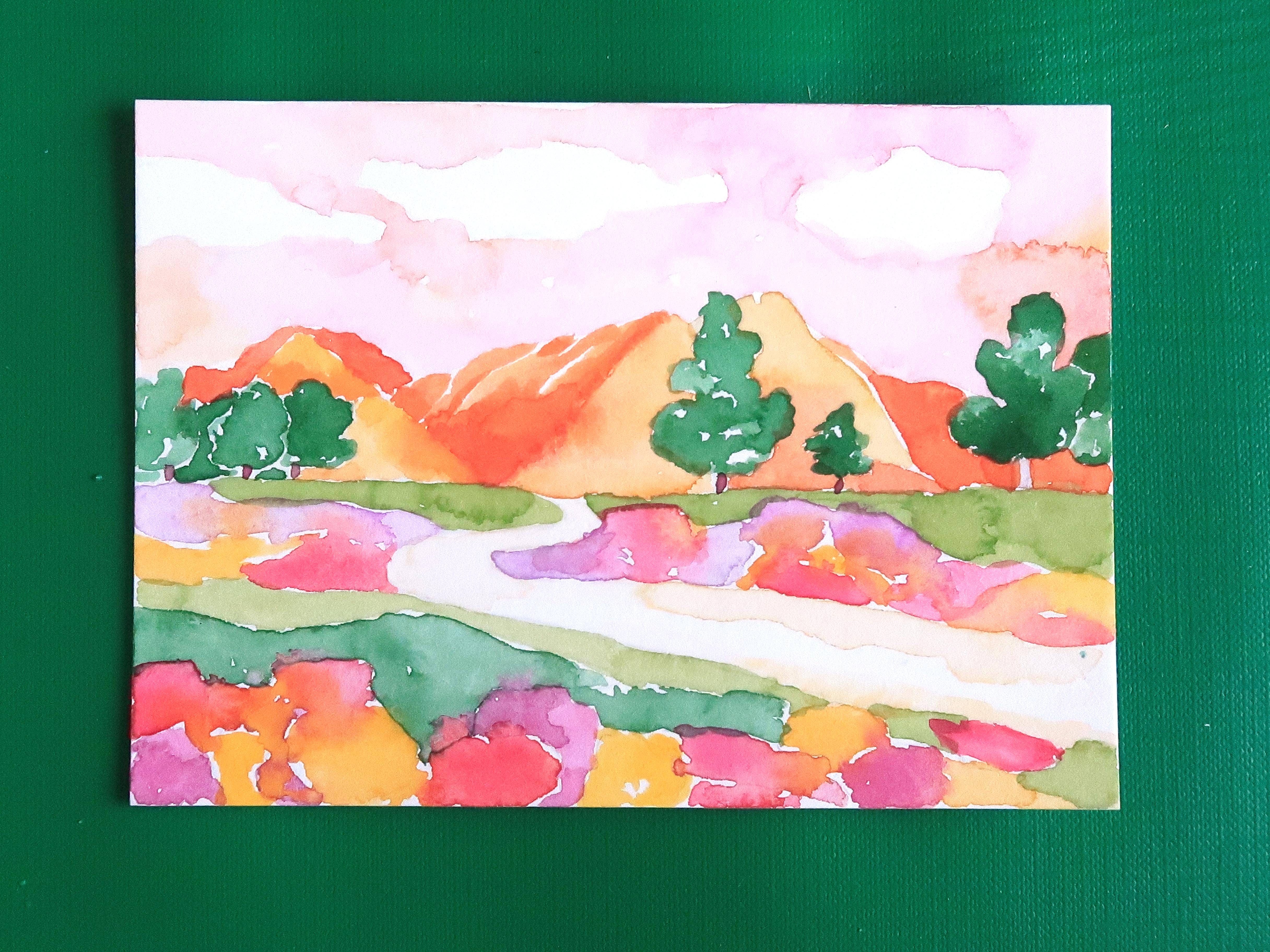 Pink Puddle Studio - Wholesale DIY Craft Kit - Mountain & Flowers Landscape Watercolor Paint by Number Kit1