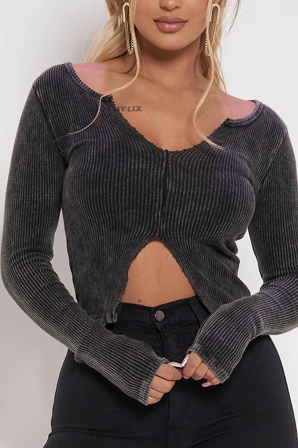 Junie – Top de malha - Mulher por atacado – TOP DE MANGA COMPRIDA LAVADO COM CORTE CF EM2411-A9