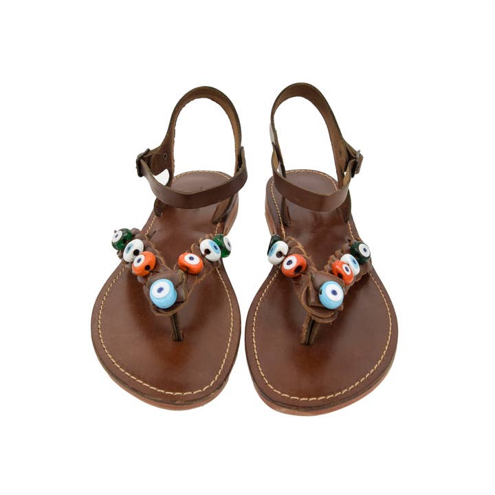 FIBO – wholesale Sandals – Women's – Leather Flip-Flop Beaded Flat Sandal Women, Chestnut Brown3