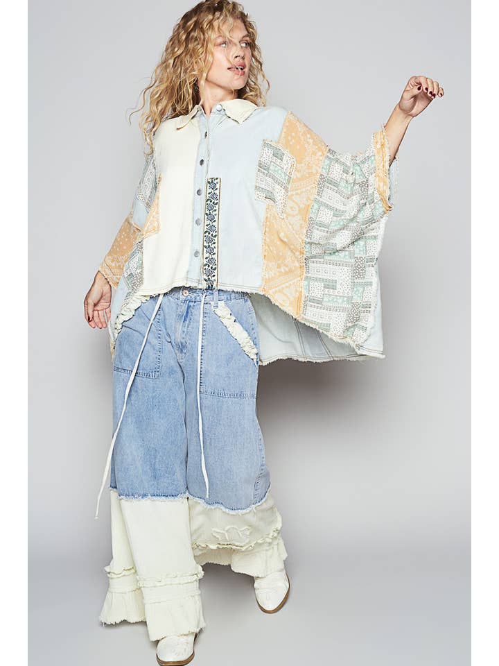 Pol Clothing - Wholesale Button Down Shirt - Women's - Oversize button down contrast fabric panel high low shirt