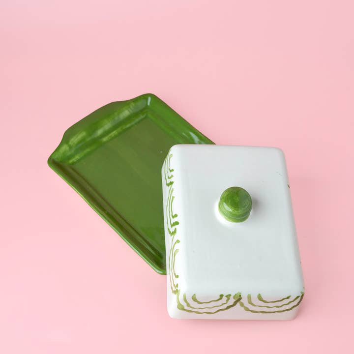 Alfar Tierra Cocida - Wholesale Butter Dish - Artisanal Ceramic Butter Dish – Green & White / ROOTS5